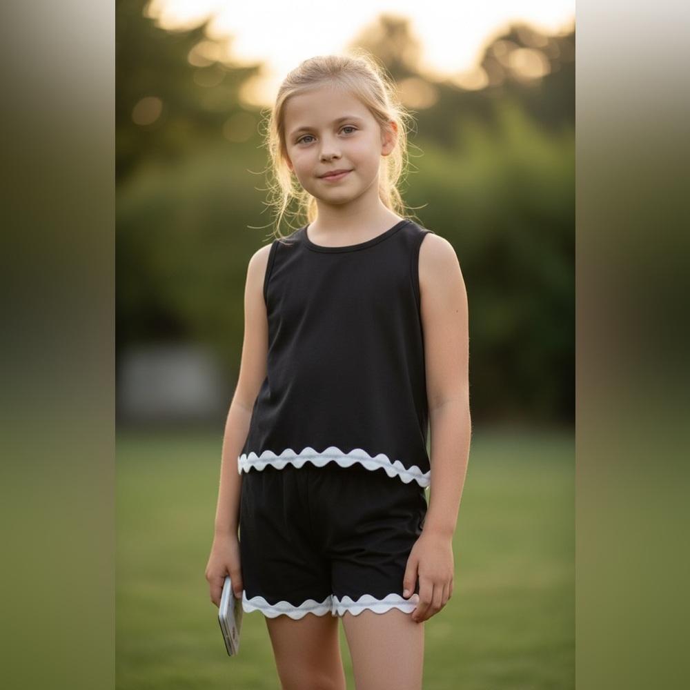 Black and White Matching Set with Wavy Trim